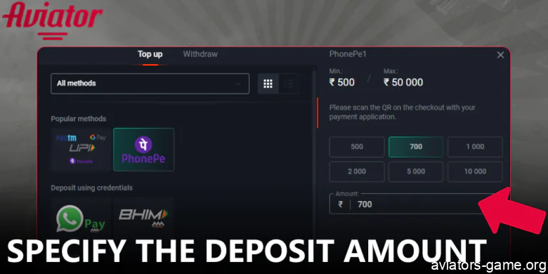 Specify the deposit amount to make an Aviator deoposit